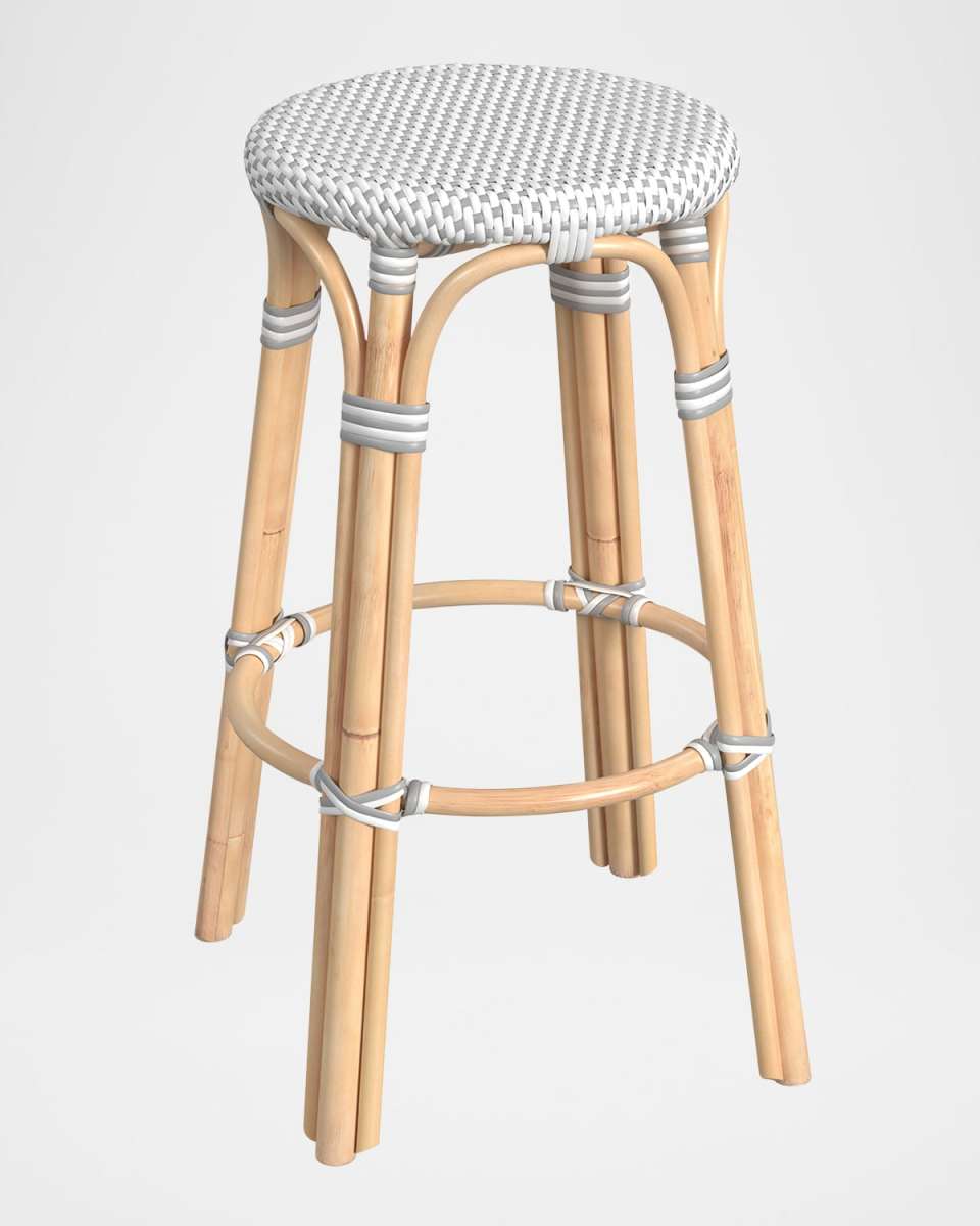 Tobias 30" Rattan Bar Stool, White/Gray Dot